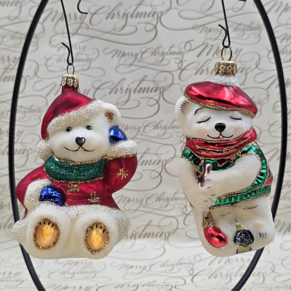 2 Polar Bear Christmas Ornaments Golf Winter Scarf Blown Glass Hand Painted